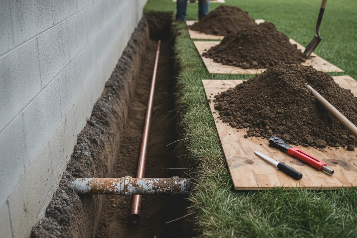 Excavated water line trench during Water Softener Installation in Star